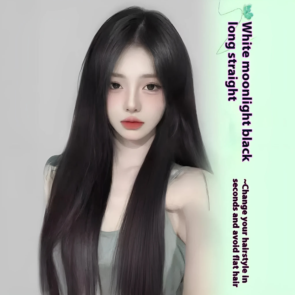 Female full-head wig with seamless forehead lace and fluffy high-temperature fibre hair in brown black colour