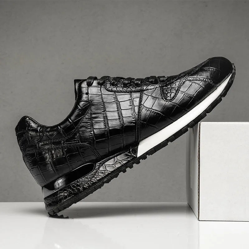 Crocodile pattern elevated leather shoes for men, wedge heel, sheepskin lining, black colour