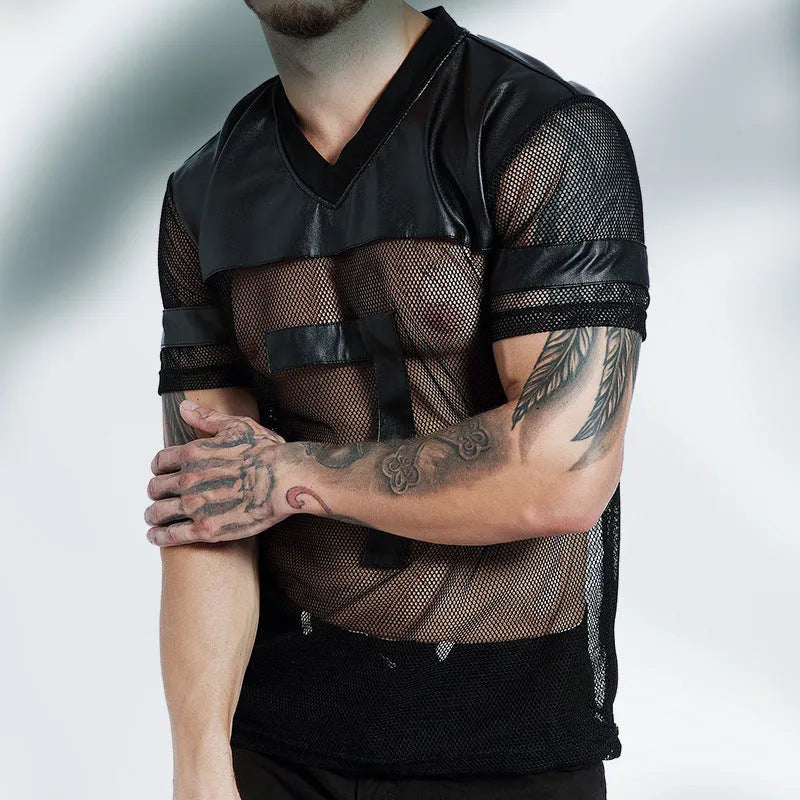 Men's black mesh V-neck sports t-shirt showing stitching construction detail
