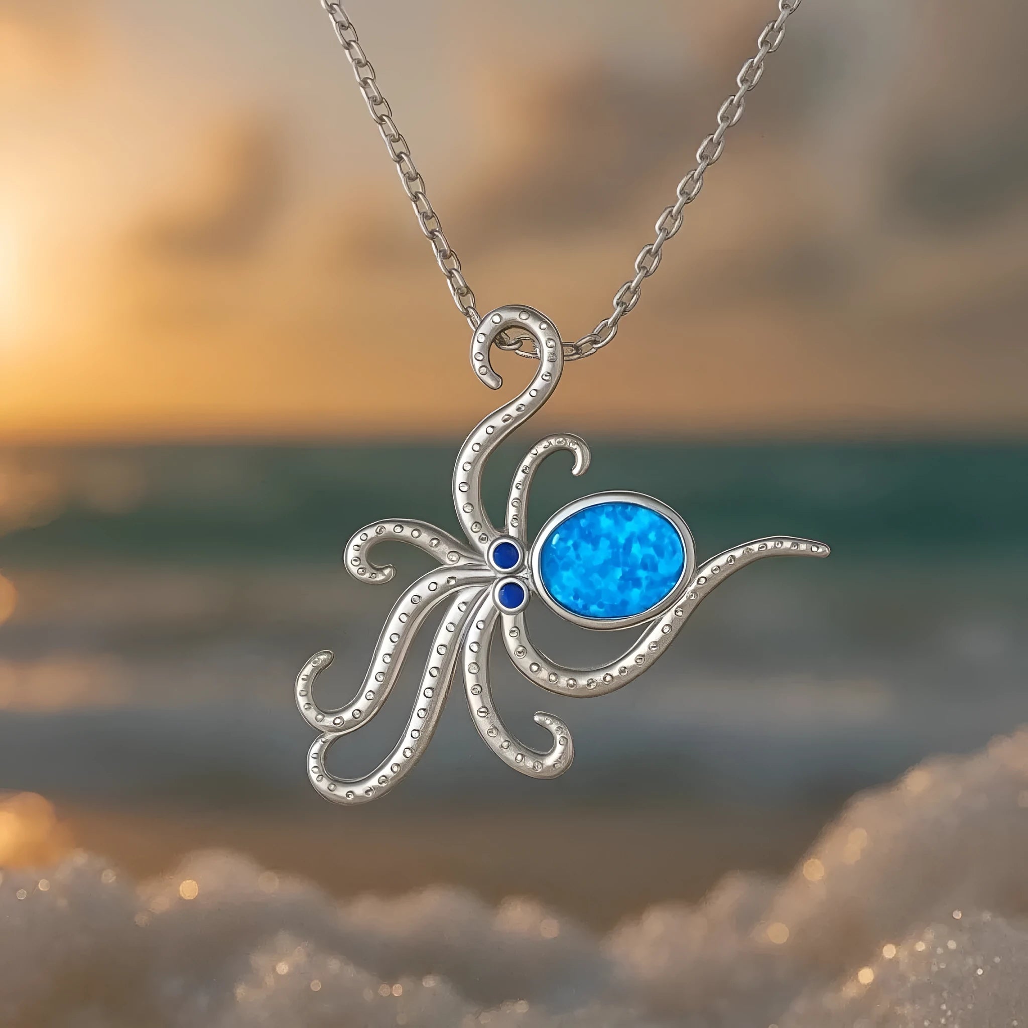 Silver stainless steel necklace with geometric pendant featuring an opal inlay of a Hawaiian-style octopus.