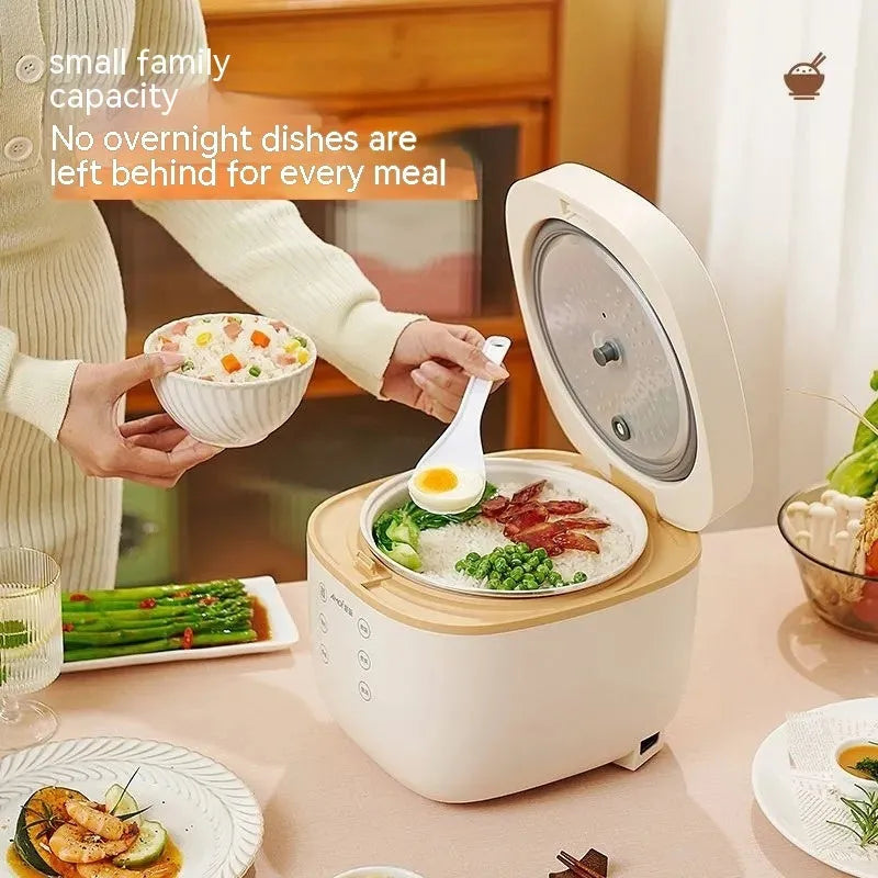 White or beige 3L multi-function rice cooker with black inner pot and included accessories