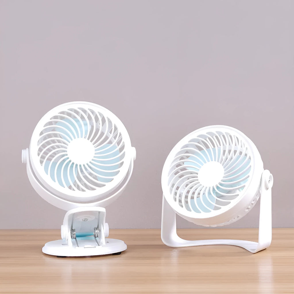 Small USB desktop fan in clip and floor standing styles showing compact size and three blades