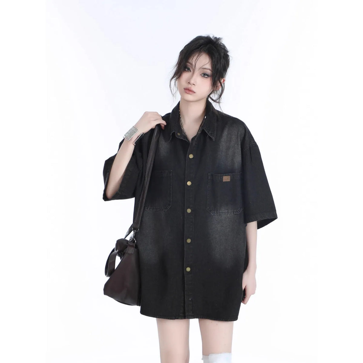 American retro heavy wash denim short sleeve cardigan top in black or blue, colour block pattern, sizes M to 3XL
