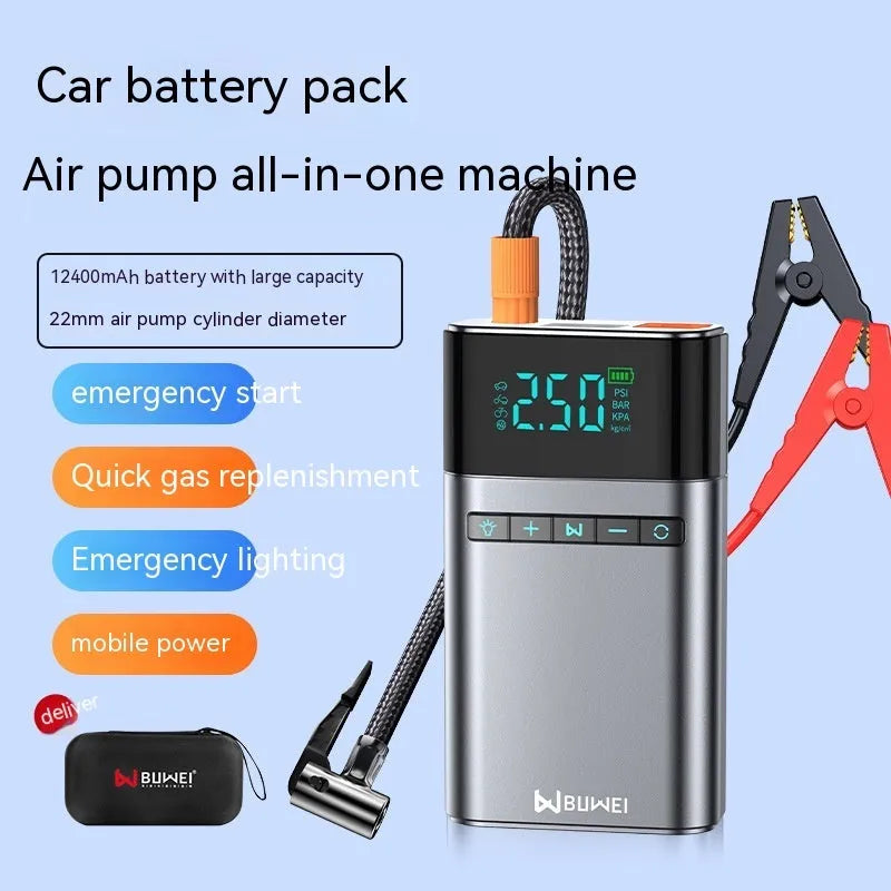 Aluminium alloy car jump starter power bank with EVA case, battery clips, and air nozzle