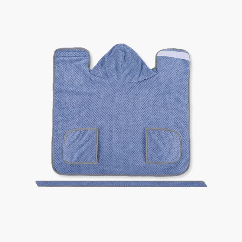 Blue microfiber dog bath robe towel with adjustable waistband wrapped around a dog