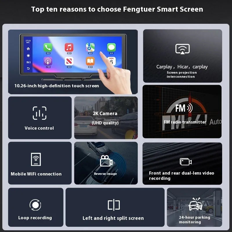 10-inch Carplay car smart screen and driving recorder with rear view camera on dashboard