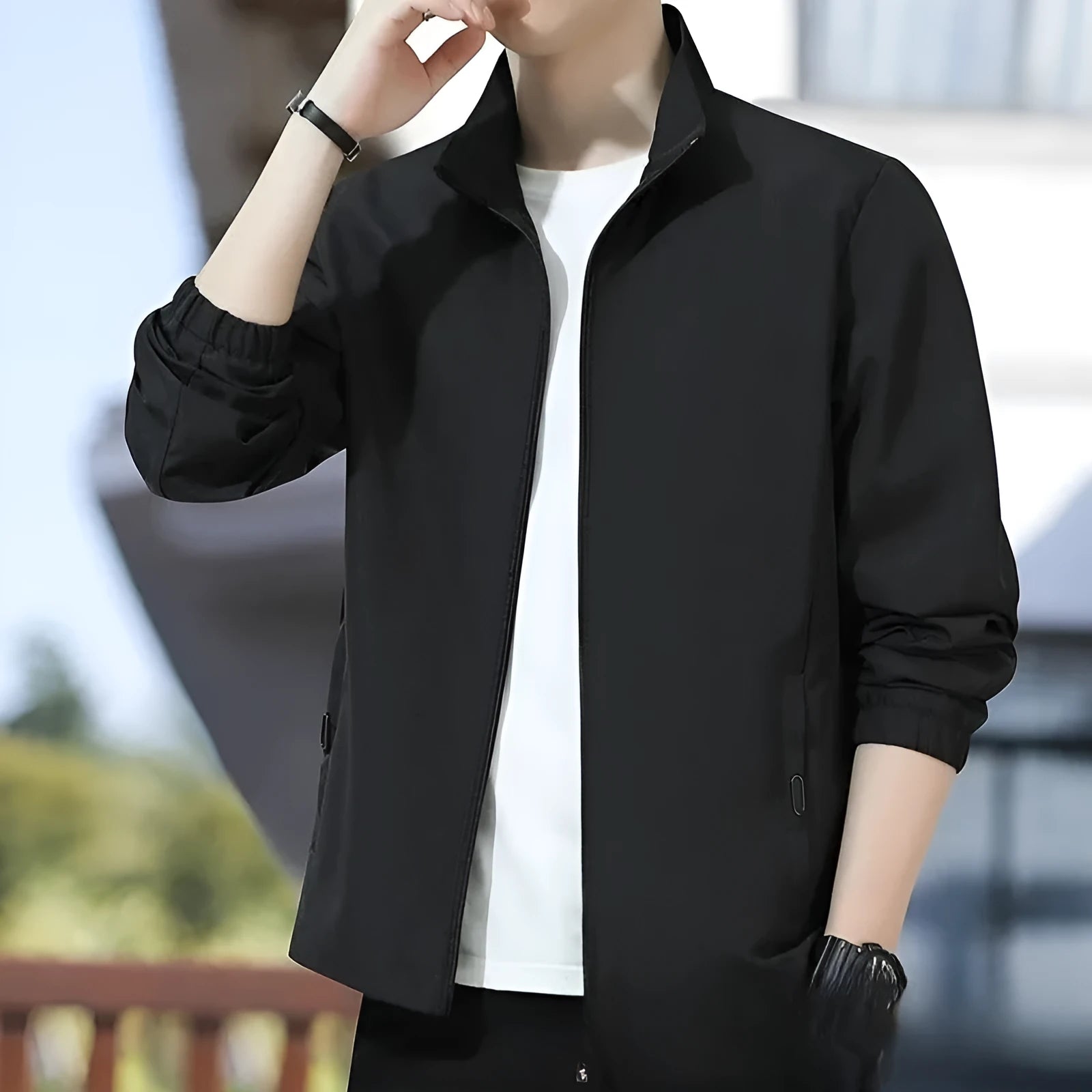 Men's Korean style loose fit autumn jacket with lapel collar and zip pockets in multiple colour options