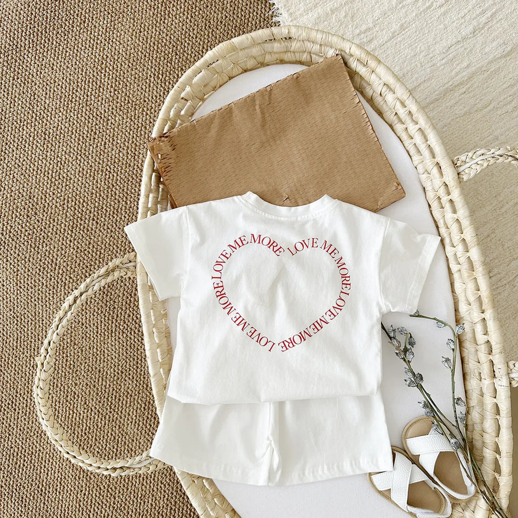 Korean style baby cotton two-piece suit set with heart printing and plaid pattern, shown in grey.