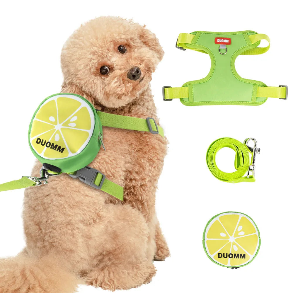 Green pet backpack and chest strap set with anti-slip padding and traction rope for dogs or cats