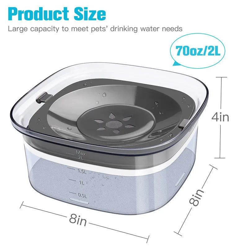 Transparent 70oz dog water bowl with floating disc showing visible water level measurement