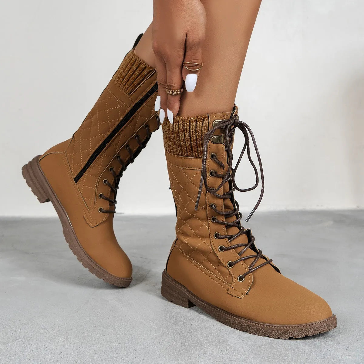 Women's lace up winter cowboy boots block heel round toe artificial PU in black dark brown grey