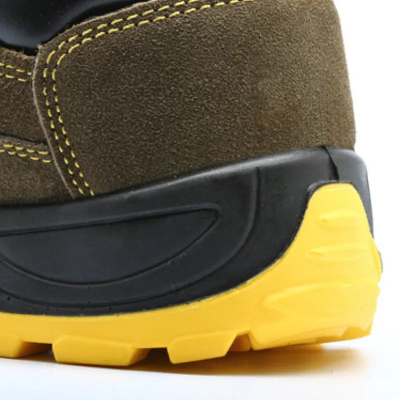 Men's brown cowhide leather safety shoes with steel toe cap and non-slip patterned soles
