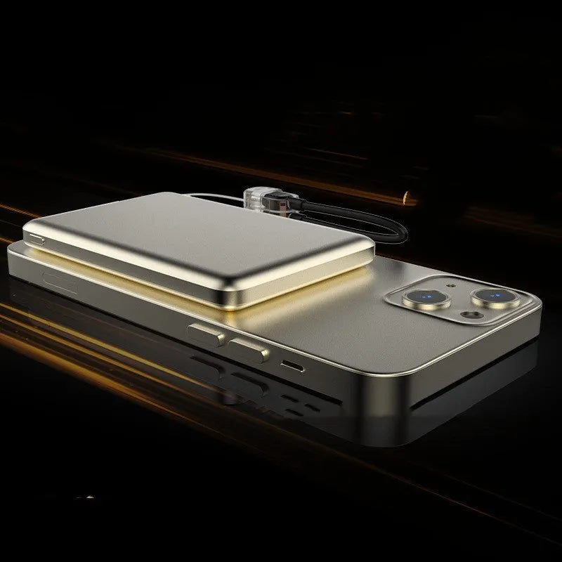 Ultra-thin magnetic wireless power bank with alloy shell, tarnish finish, 8mm thick, on a desk