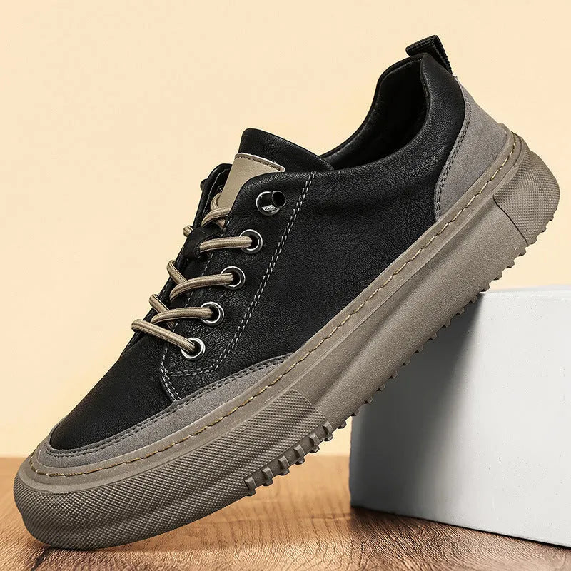 Men's round toe board shoes in black or khaki with lace-up design and rubber sole