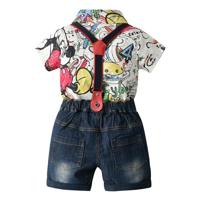 White cartoon trouser suit set for infant includes romper or shirt and pants short sleeves no hood summer style