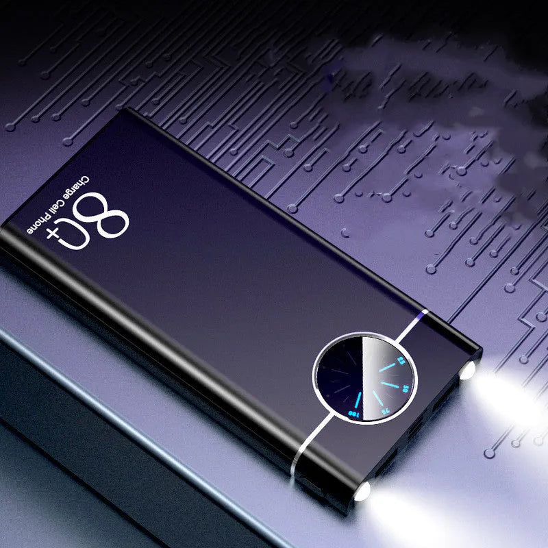 Black, red, and blue alloy-shell 20000mAh fast charging power bank with LED flashlight.