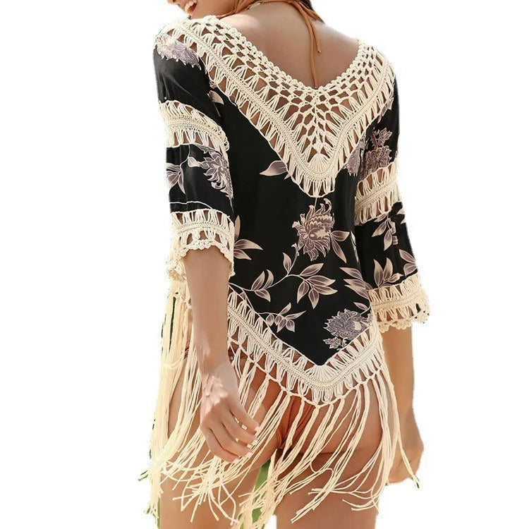 Women's apricot mercerised cotton sun protection blouse with V-neck and hollow-out sleeves