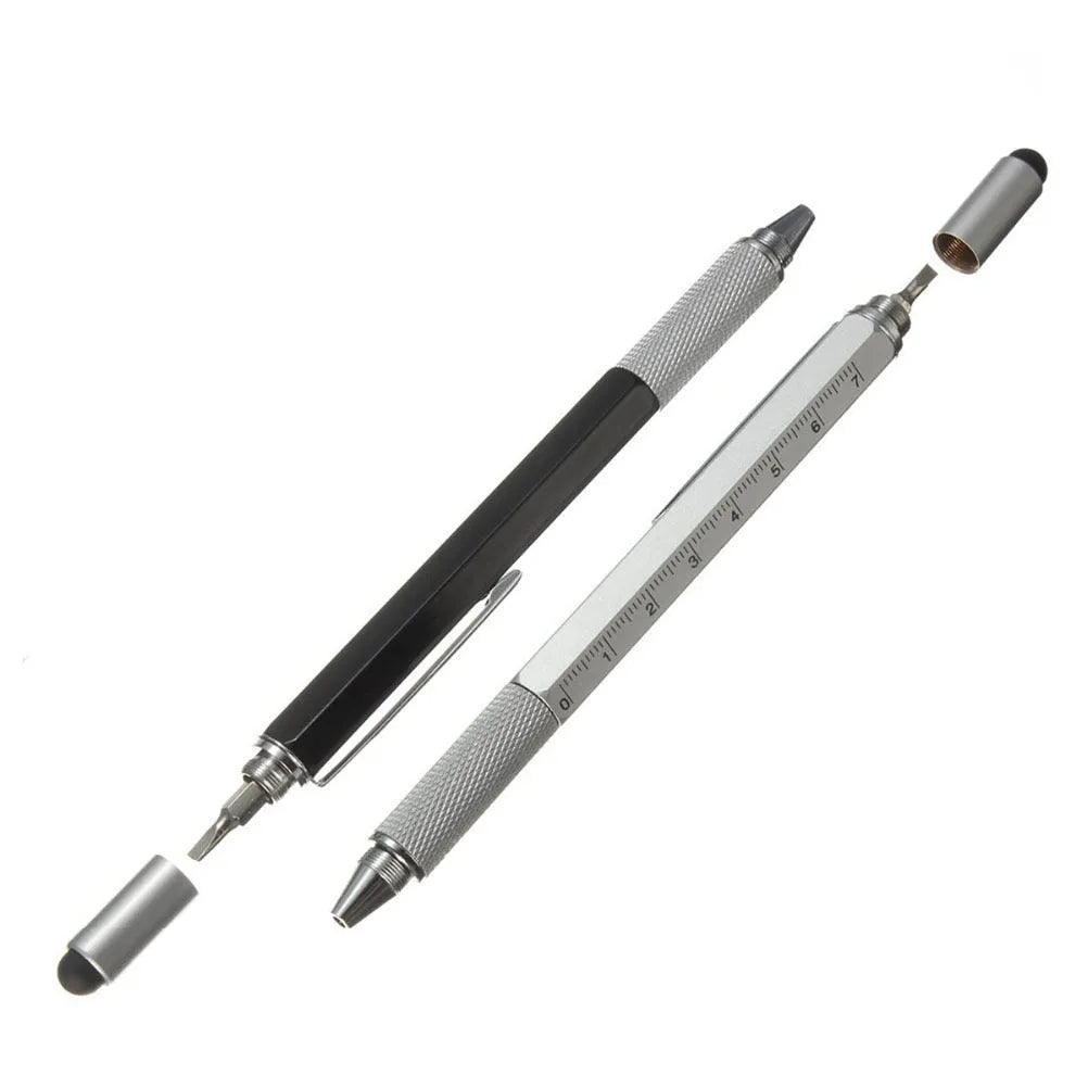 Black 6 in 1 multi-function touch screen stylus ballpoint pen with spirit level and screwdriver tips on white background