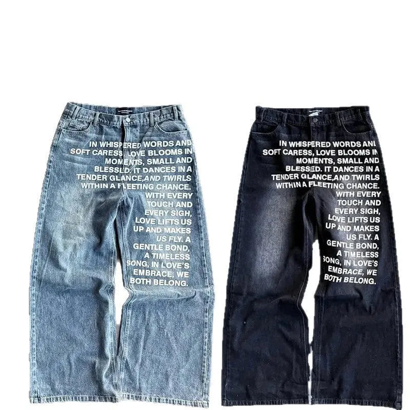Men's loose-fit casual cotton trousers in blue with a wide straight leg, shown flat