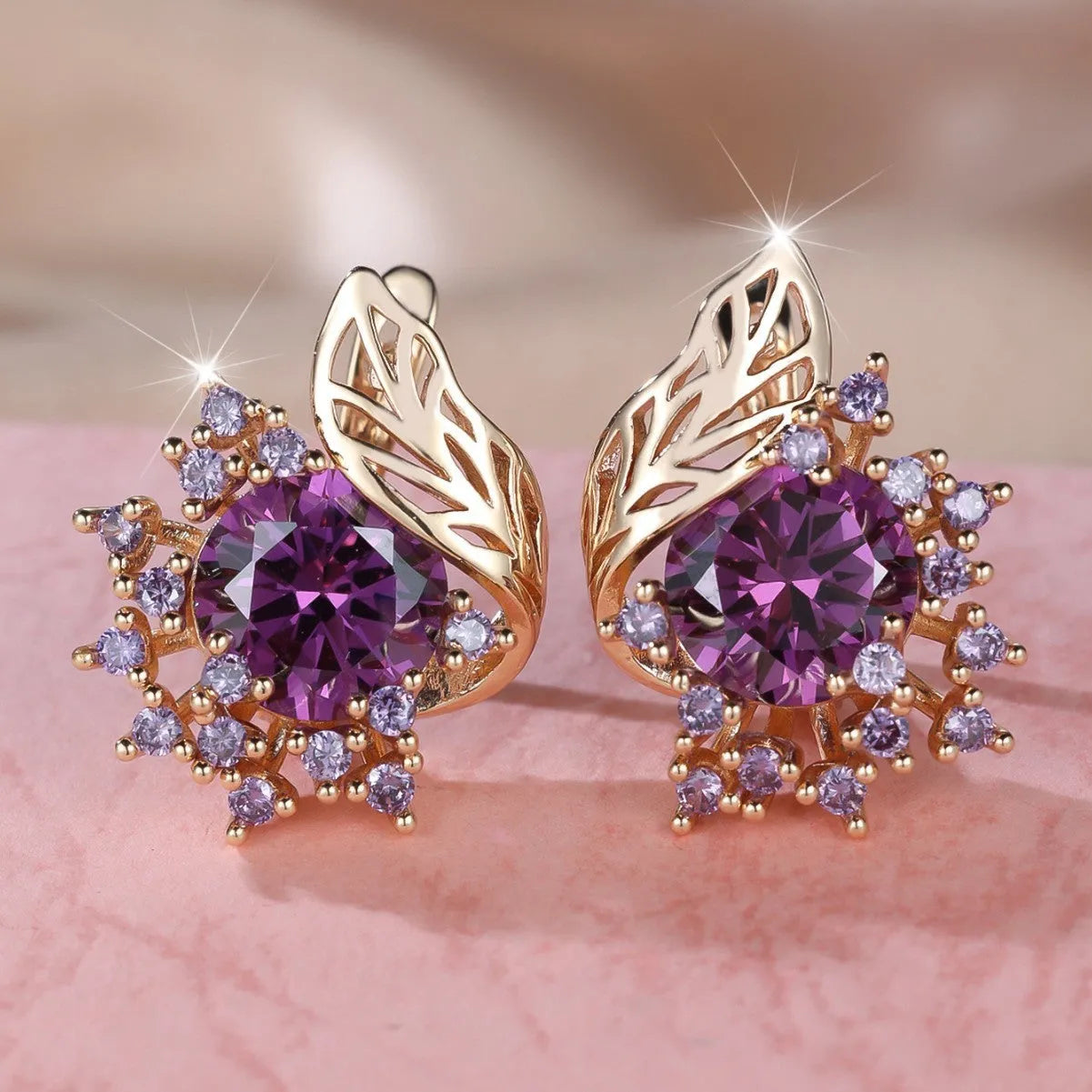 Round flowers feather zircon earrings with champagne gold electroplating and multiple diamond colour options