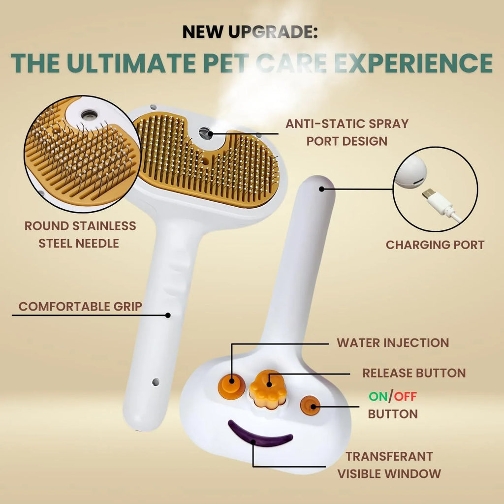 White pet grooming brush with water tank and steel teeth for dogs and cats