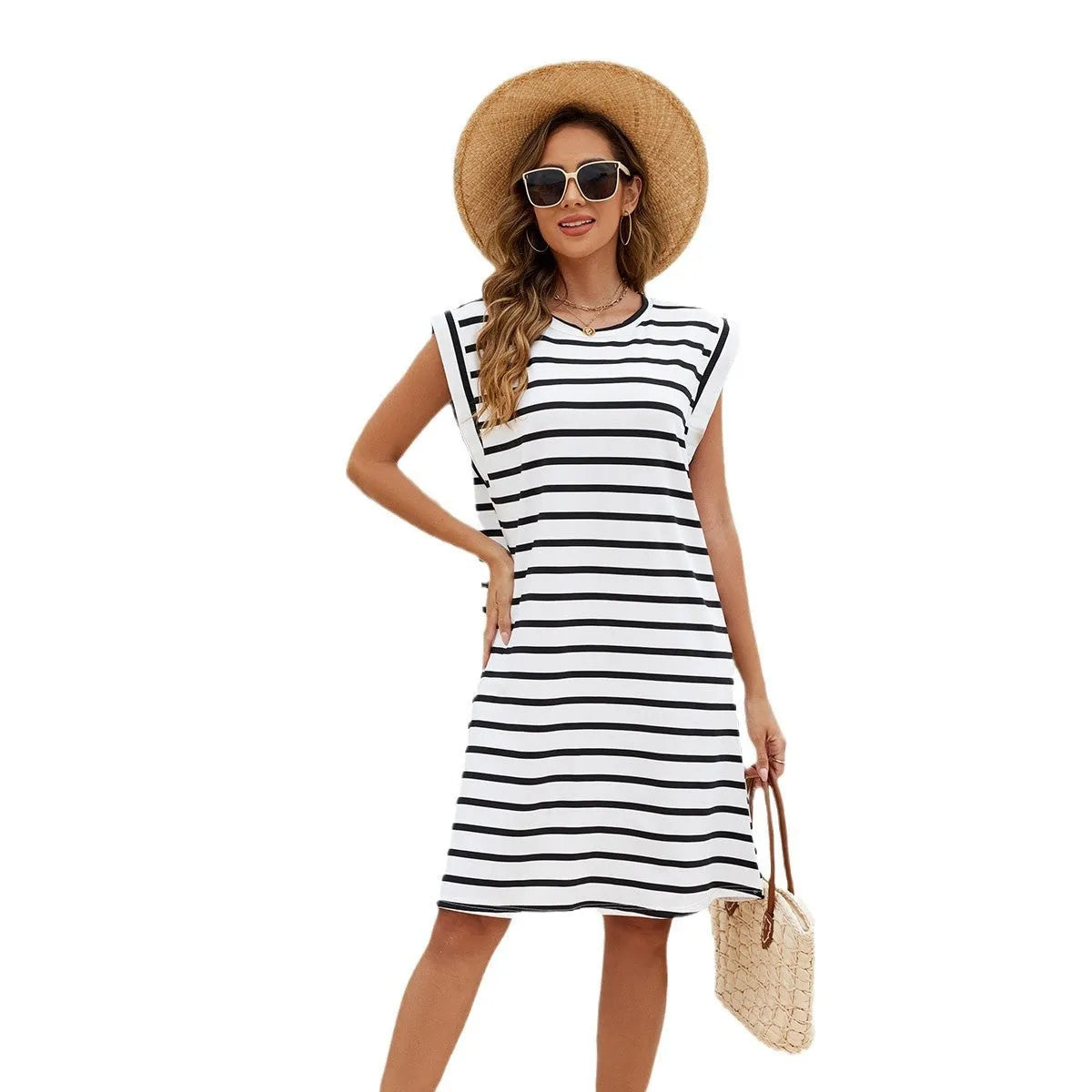 Women's black and white striped polyester beach cover-up blouse shown as swimwear layer