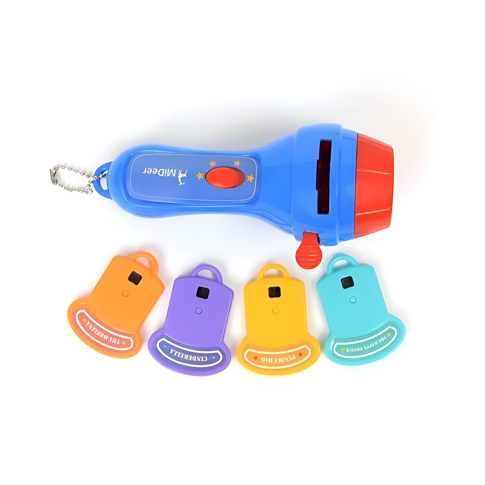 SmartKids storybook projector torch with four fairy tale discs projecting images on wall