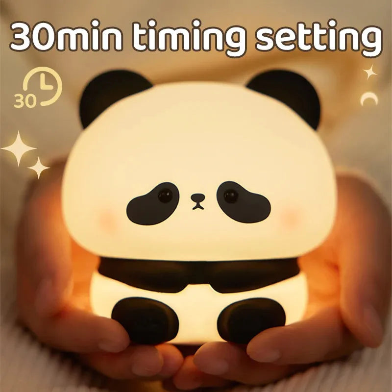 Panda LED night light made from soft silicone with USB rechargeable touch control, 2W, 1200mAh battery.