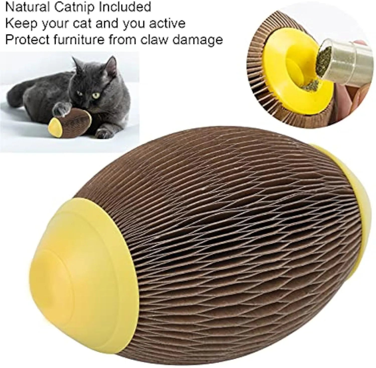 Elliptical corrugated paper catnip ball toy with scratching surface for feline play
