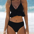 Women's solid colour split bikini swimsuit set with spandex lining.