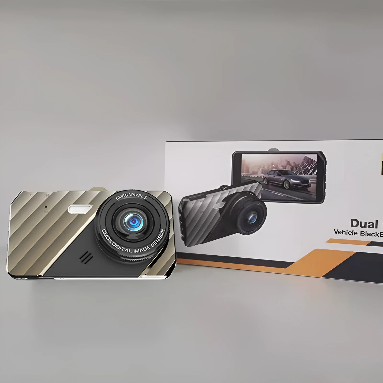 Black 4-inch dual lens dash cam showing front and rear camera configuration with touch screen display