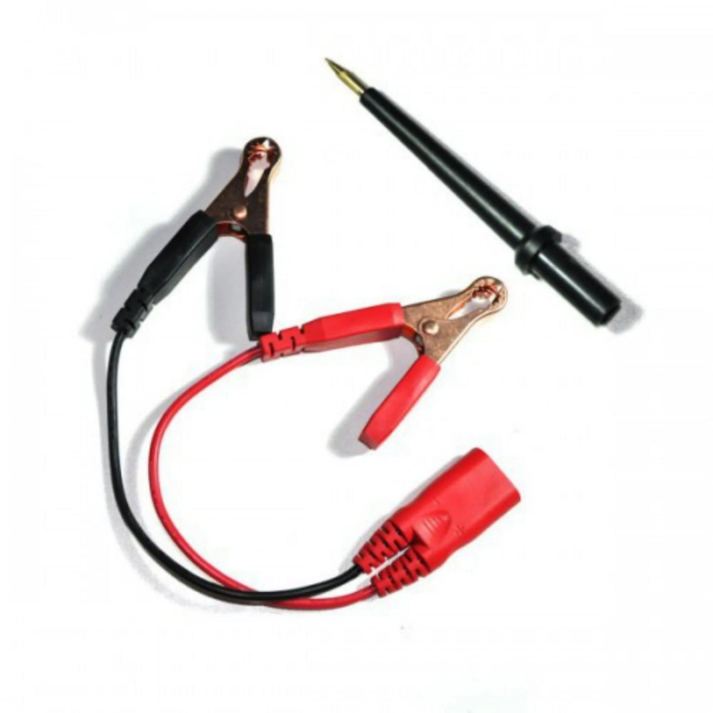 Blue PowerTest PT150 automotive circuit test pen with TFT screen, probe tip, cable, clips, and rugged case.