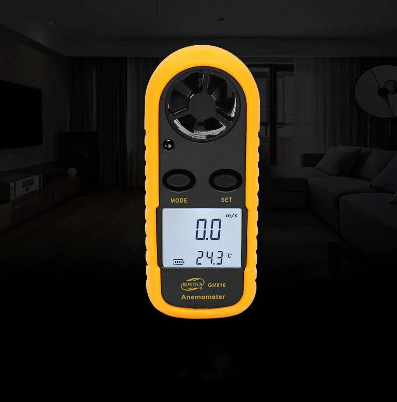 Biaozhi orange digital portable wind speed measuring instrument GM816 anemometer on hand.