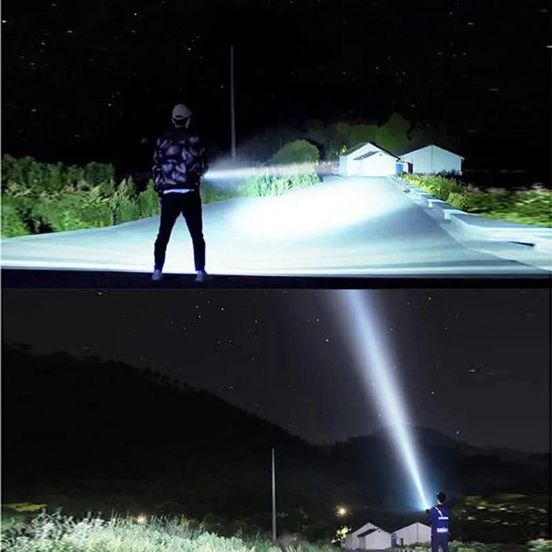 Black aluminium alloy tactical LED torch with six dimming modes and IPX5 waterproof rating