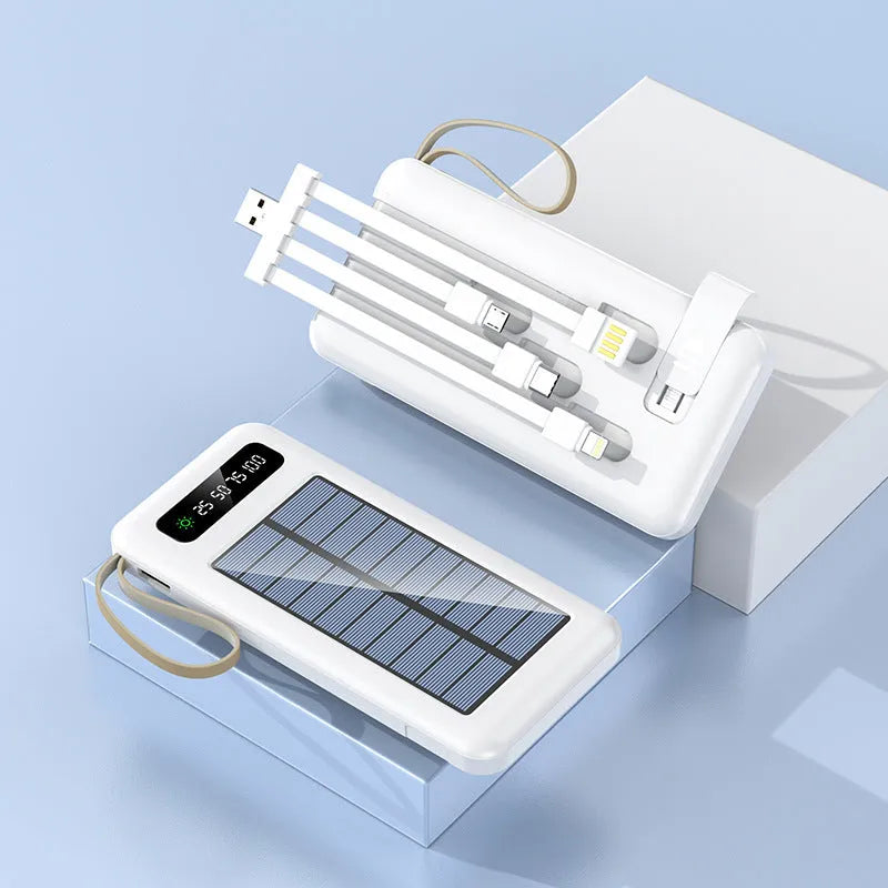 Cool black and ivory white solar power bank showing front display and solar panel.