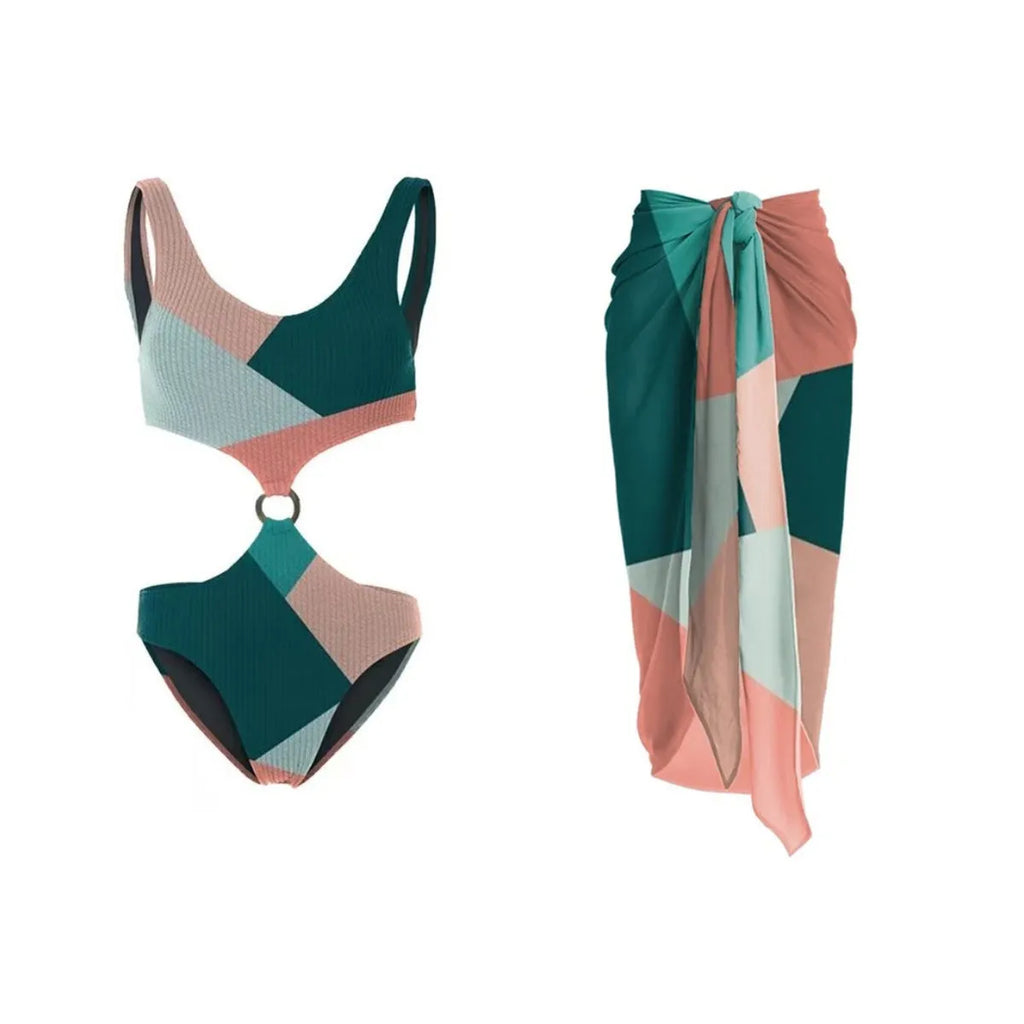 Women's contrast colour bikini set with mesh gauze skirt on a mannequin