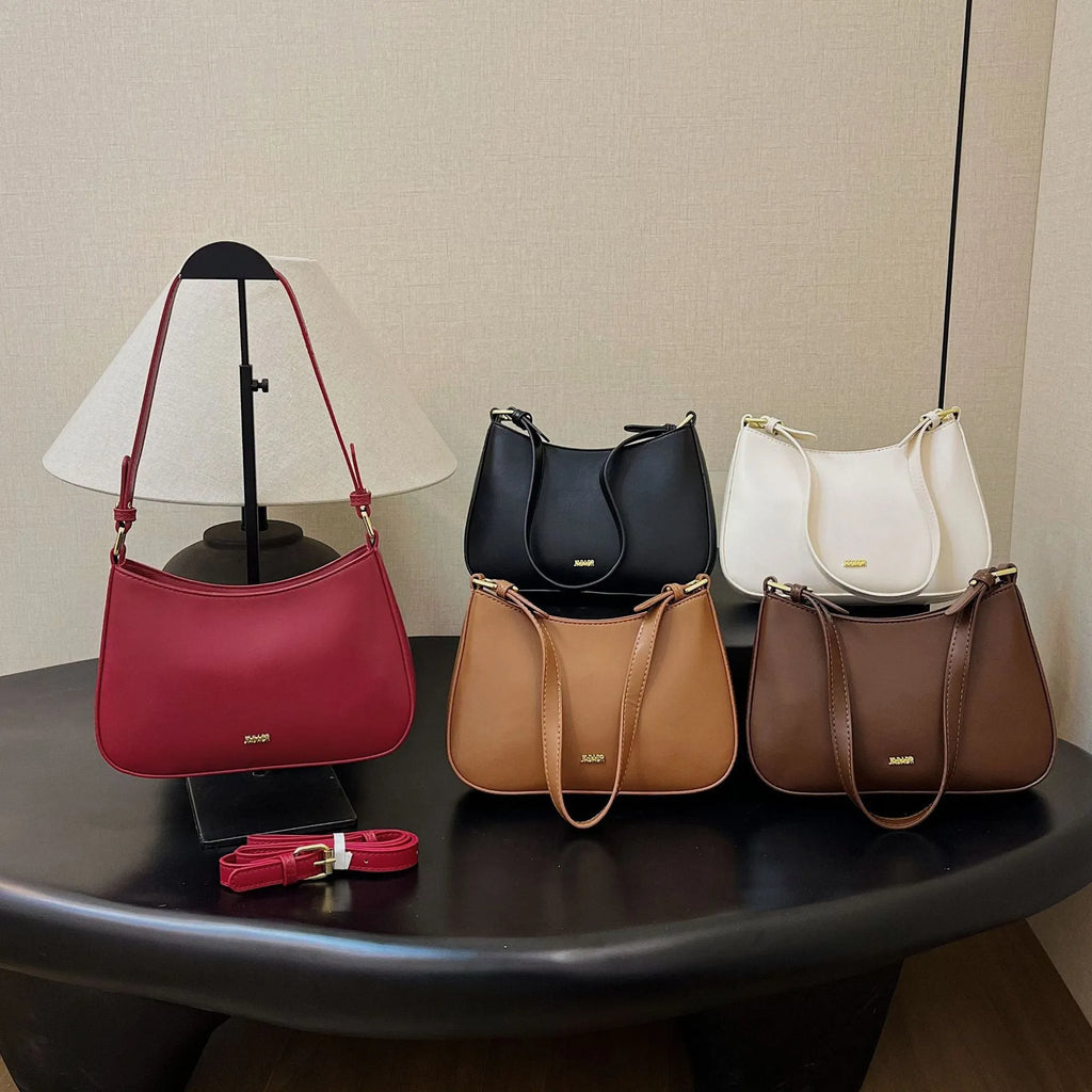Retro women's cross-body underarm bag in PU leather, horizontal square shape, 25cm width, five colour options: black, caramel, khaki, white, wine red
