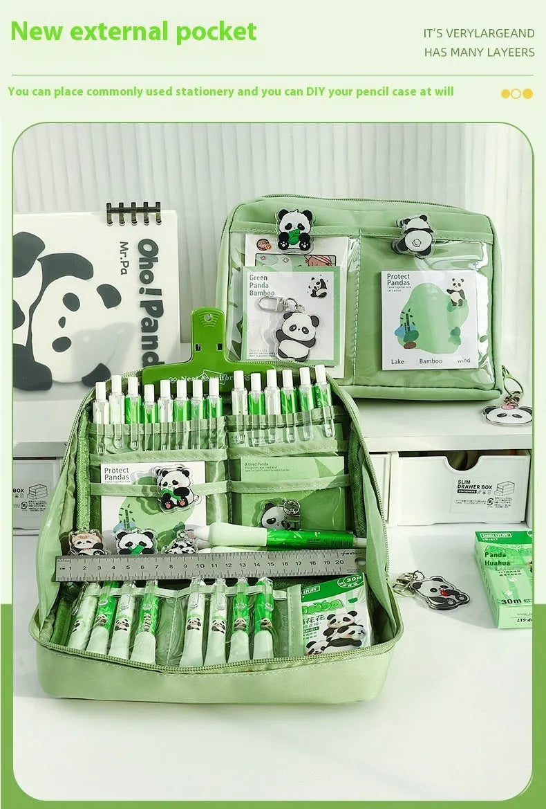 Green canvas 12 layer panda pencil case with large capacity for stationery organisation.