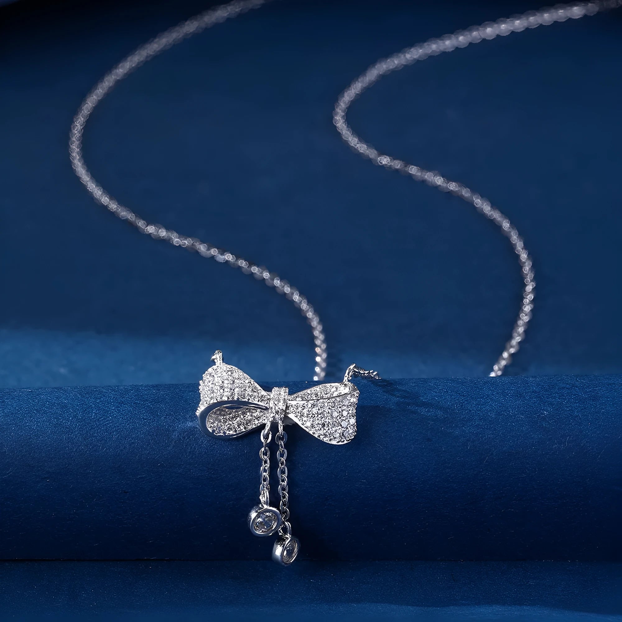 S925 sterling silver bow pendant necklace with adjustable O-ring chain for women