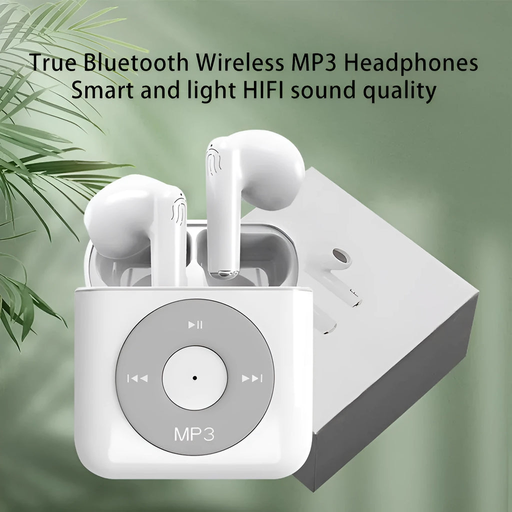 White wireless Bluetooth earphones and charging case on a solid background.