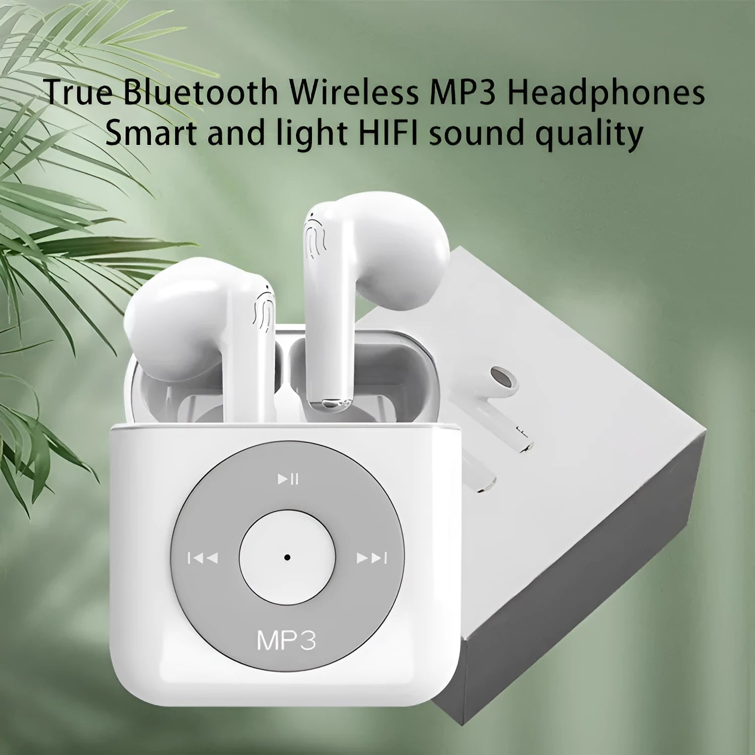 White wireless Bluetooth earphones and charging case on a solid background.
