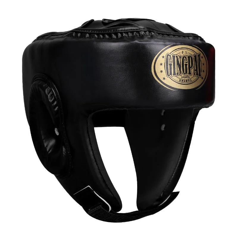 Red fully enclosed boxing helmet with jaw protection and vertical ventilation channels