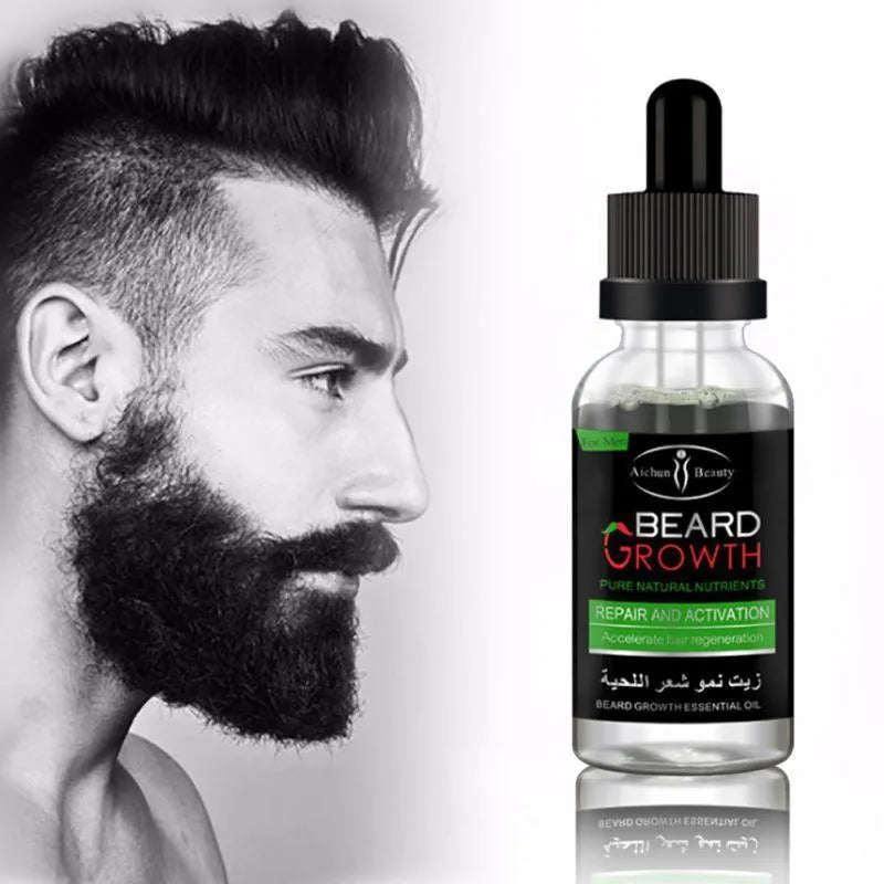 Natural beard growth essential oil bottle for men, moisturising conditioner and softener, all skin types