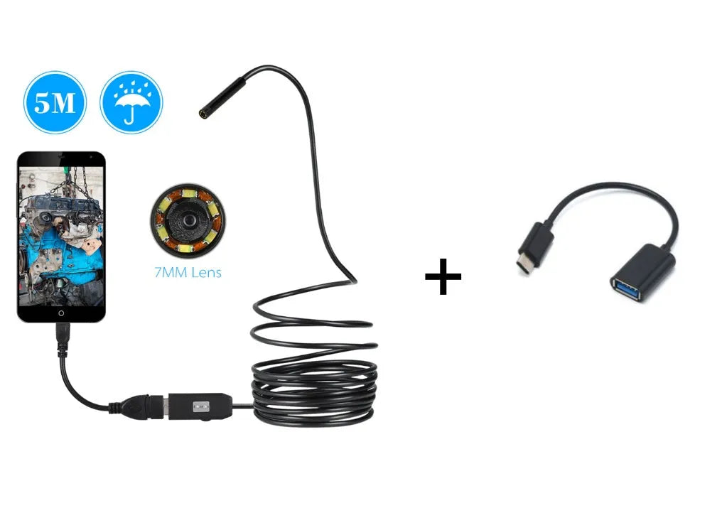 OWSOO USB endoscope camera with 5m cable, hook, magnet, and mirror accessories for phone inspection