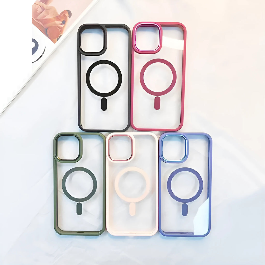 Transparent silicone magnetic phone case for iPhone on a table, shown in Plum Red colour.