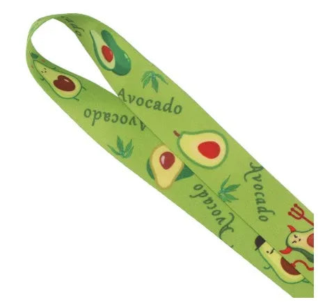 Polyester lanyard with double-sided avocado cartoon print and plastic buckle, shown at full 45cm length.