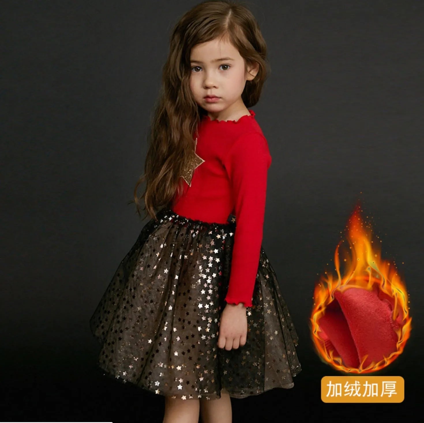 Girls red Christmas dress with long sleeves, princess skirt, and embroidered star details