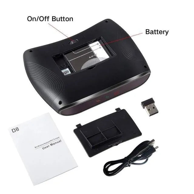 Black D8 Pro 78-key mini wireless keyboard with integrated touchpad and USB adapter.