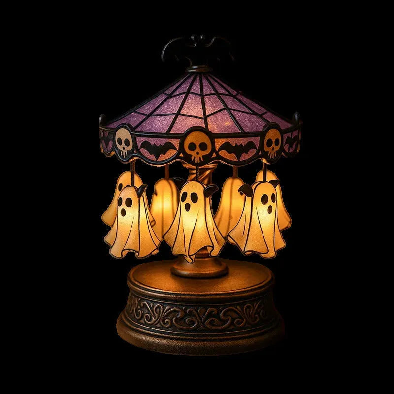 Ghost carousel night light in lamp colour with European style and half-handmade construction on a table