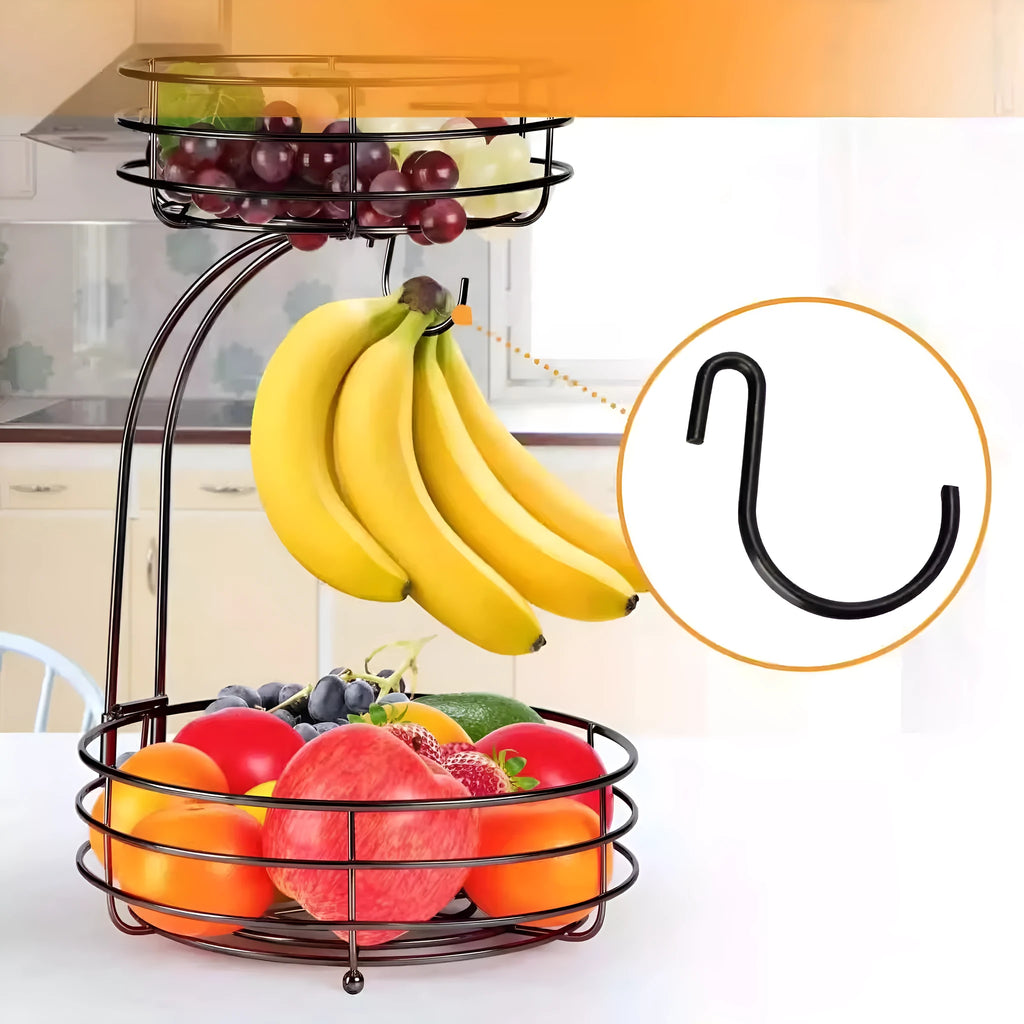 Black double-layer wrought iron fruit basket with two storage tiers